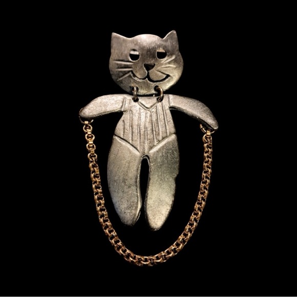 Vintage Ultra Craft Articulated Cat Brooch 1970s Figural Gold Silver Pin - Picture 2 of 4